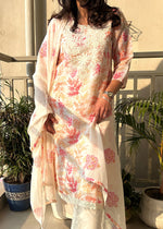 Load image into Gallery viewer, White Floral Cotton Linen Suit & Dupatta