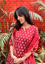 Load image into Gallery viewer, Red Cotton Suit & Kota Doria Dupatta