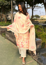 Load image into Gallery viewer, White Floral Cotton Linen Suit & Dupatta