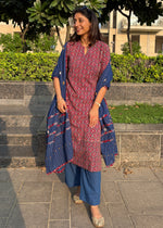 Load image into Gallery viewer, Maroon Blue Ajrak Suit Mirror Dupatta