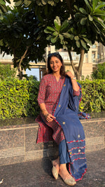 Load image into Gallery viewer, Maroon Blue Ajrak Suit Mirror Dupatta