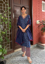 Load image into Gallery viewer, Navy Block Print Kurta- Contrast Set