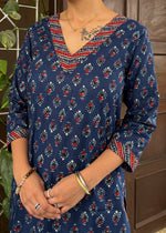 Load image into Gallery viewer, Navy Block Print Kurta- Contrast Set