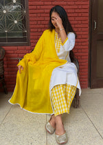 Load image into Gallery viewer, White Cotton Kurta Yellow Check Pants