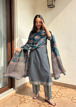 Load image into Gallery viewer, Teal Hand Block Printed Kurta Set