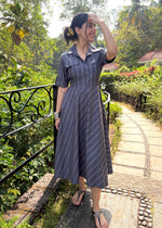 Load image into Gallery viewer, Grey Striped Cotton Midi Dress with Belt