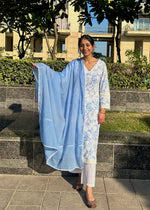 Load image into Gallery viewer, Blue-White Print Suit & Mulmul Dupatta