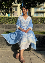 Load image into Gallery viewer, Blue-White Print Suit & Mulmul Dupatta