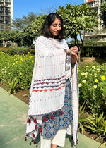 Load image into Gallery viewer, Blue Ajrak Cotton Suit & Applique Mulmul Dupatta