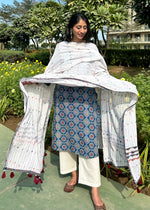 Load image into Gallery viewer, Blue Ajrak Cotton Suit & Applique Mulmul Dupatta