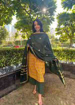 Load image into Gallery viewer, Yellow Ajrak Cotton Suit & Mirror Work Dupatta