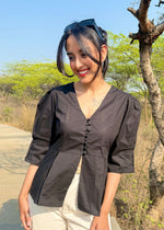 Load image into Gallery viewer, Black Cotton - Poplin Top with Puff Sleeves
