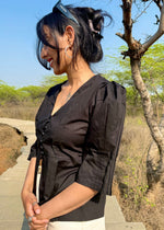 Load image into Gallery viewer, Black Cotton - Poplin Top with Puff Sleeves