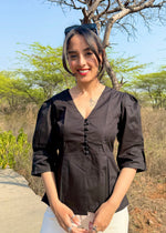 Load image into Gallery viewer, Black Cotton - Poplin Top with Puff Sleeves