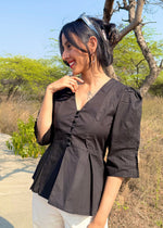 Load image into Gallery viewer, Black Cotton - Poplin Top with Puff Sleeves