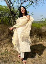 Load image into Gallery viewer, White Block Print Suit & Chanderi Dupatta