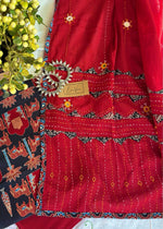 Load image into Gallery viewer, Black Ajrak Cotton Suit & Red Mirror Work Mulmul Dupatta