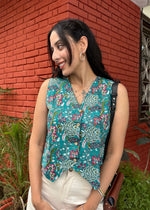Load image into Gallery viewer, Blue Floral - Print Cotton Waist Coat