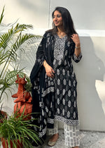 Load image into Gallery viewer, Black Cotton Block Print Suit & Cotton Dupatta