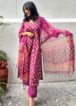 Load image into Gallery viewer, Purple Cotton Block Print Suit & Kota Doria Dupatta