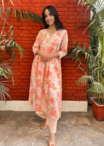 Load image into Gallery viewer, Peach Floral Rayon Moss Coord Set