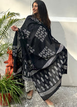 Load image into Gallery viewer, Black Cotton Block Print Suit & Cotton Dupatta