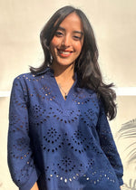 Load image into Gallery viewer, Navy Blue Cotton Schiffli Top with Collar