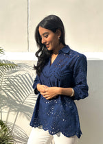 Load image into Gallery viewer, Navy Blue Cotton Schiffli Top with Collar