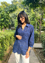 Load image into Gallery viewer, Navy Blue Cotton Schiffli Top with Collar