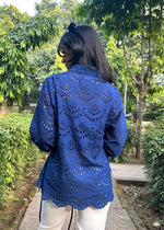 Load image into Gallery viewer, Navy Blue Cotton Schiffli Top with Collar
