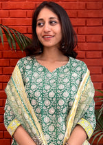 Load image into Gallery viewer, Green-White Cotton Suit & Kota Doria Dupatta