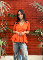 Load image into Gallery viewer, Orange Cotton Satin Wrap Top
