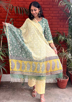Load image into Gallery viewer, Green-White Cotton Suit & Kota Doria Dupatta