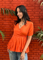 Load image into Gallery viewer, Orange Cotton Satin Wrap Top