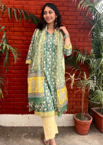 Load image into Gallery viewer, Green-White Cotton Suit & Kota Doria Dupatta