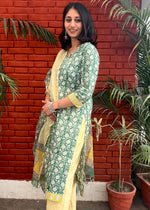 Load image into Gallery viewer, Green-White Cotton Suit & Kota Doria Dupatta