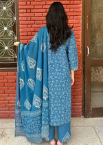 Load image into Gallery viewer, Blue Cotton Block Print Suit & Mulmul Dupatta