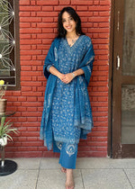 Load image into Gallery viewer, Blue Cotton Block Print Suit & Mulmul Dupatta