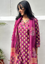 Load image into Gallery viewer, Purple Cotton Block Print Suit & Kota Doria Dupatta