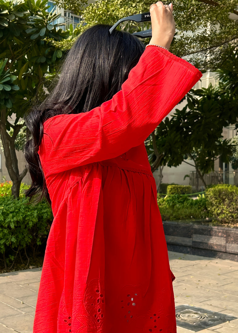 Red Cotton Shiffli A-Line Empire Top