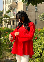 Load image into Gallery viewer, Red Cotton Shiffli A-Line Empire Top
