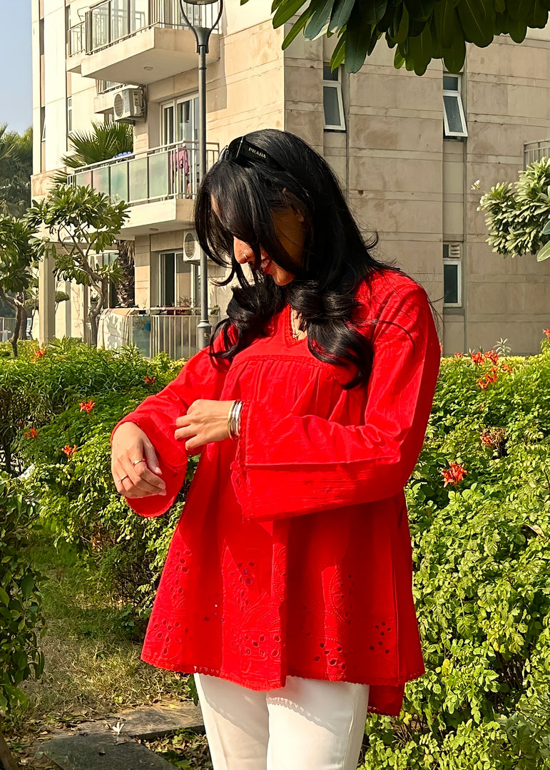 Red Cotton Shiffli A-Line Empire Top