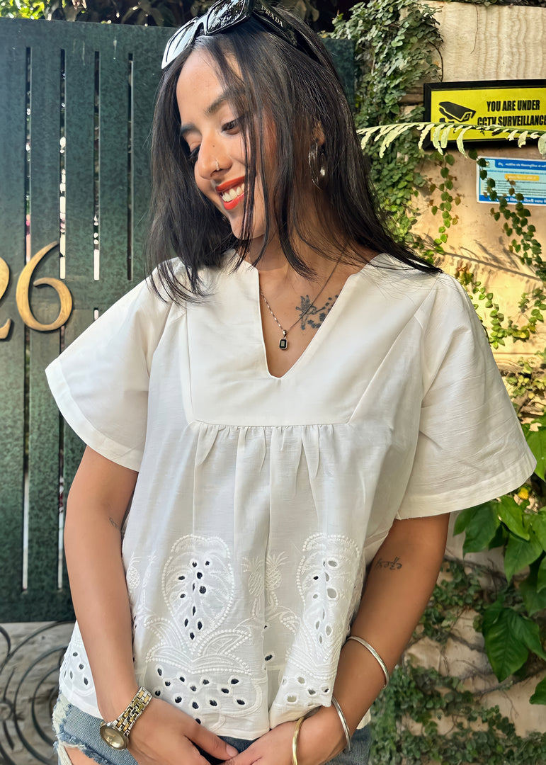 White Cotton Shiffli Top with Gathers