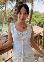 Load image into Gallery viewer, Blue &amp; White Lace Trim Top