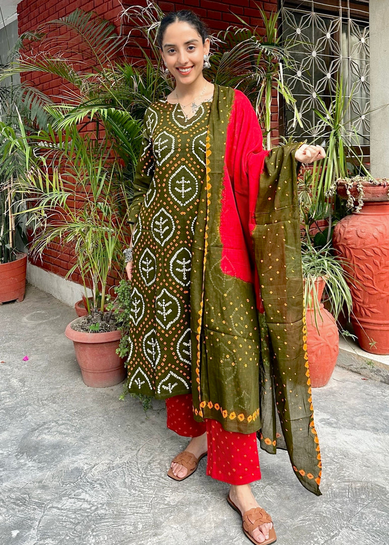 Mehendi Green Red Cotton Bandhani Suit