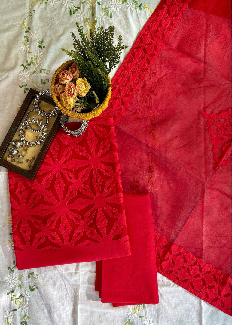 Red Cotton Applique Suit & Dupatta