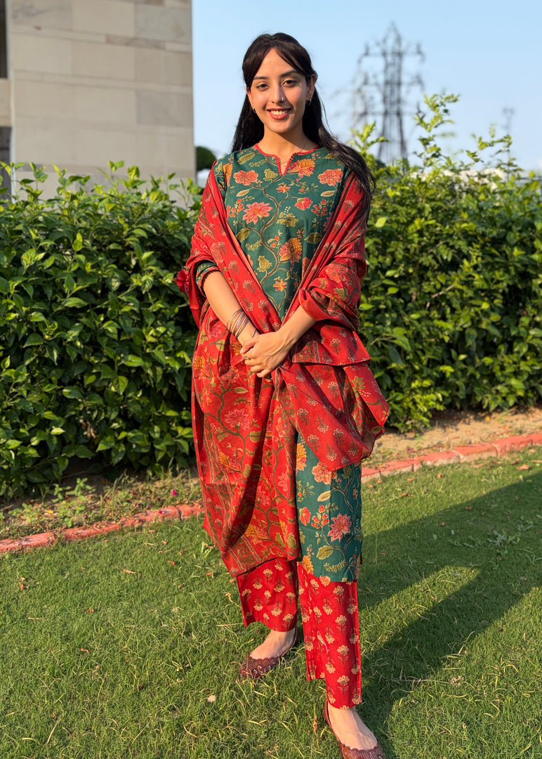 Green Floral Cotton Kurta with Red Pants & Dupatta
