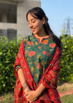 Load image into Gallery viewer, Green Floral Cotton Kurta with Red Pants &amp; Dupatta
