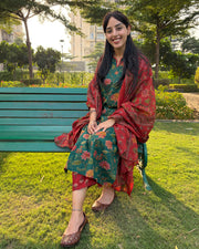 Green Floral Cotton Kurta with Red Pants & Dupatta