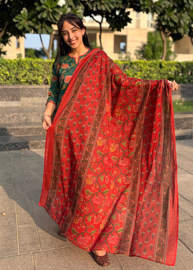 Green Floral Cotton Kurta with Red Pants & Dupatta